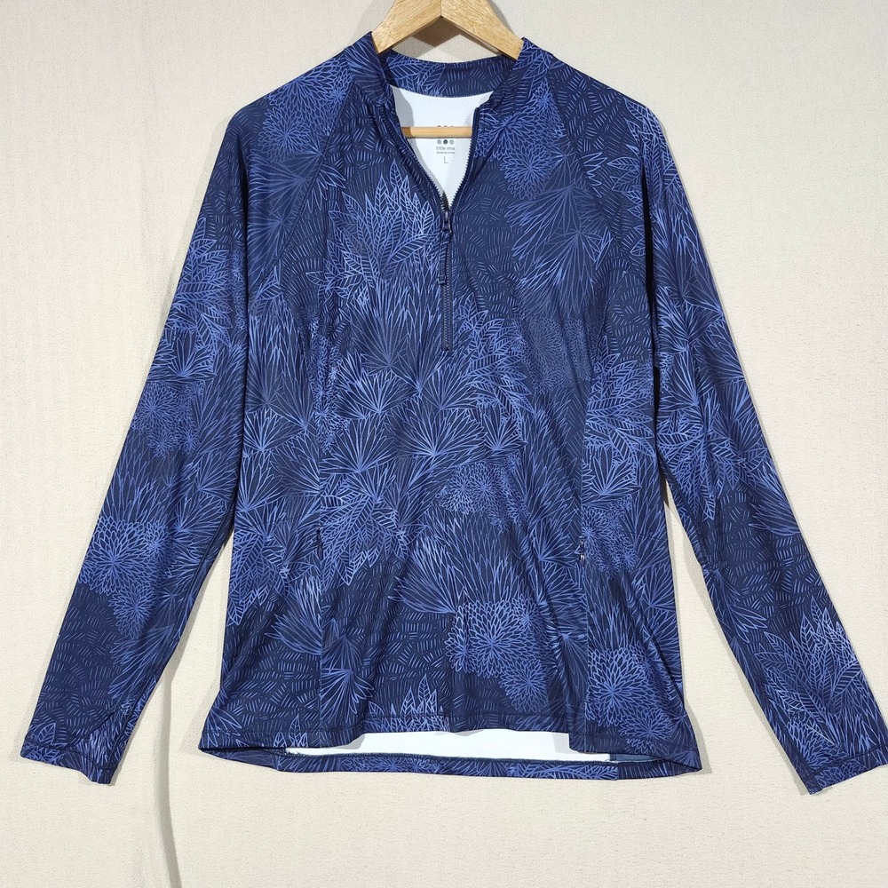 Title Nine Blue Botanical Floral Quarter Zip Pullover Activewear Top Women Large